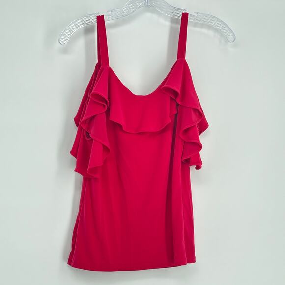 Express Women's Halter Neck Ruffled Top Size Small Cold Shoulder Hot Pink Blouse - Picture 2 of 11